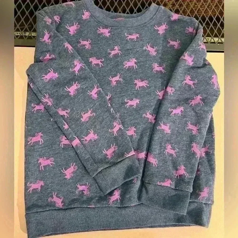 Cat & Jack Unicorn Print Crew Neck Sweatshirt Girl Small Blue Fleece Long Sleeve